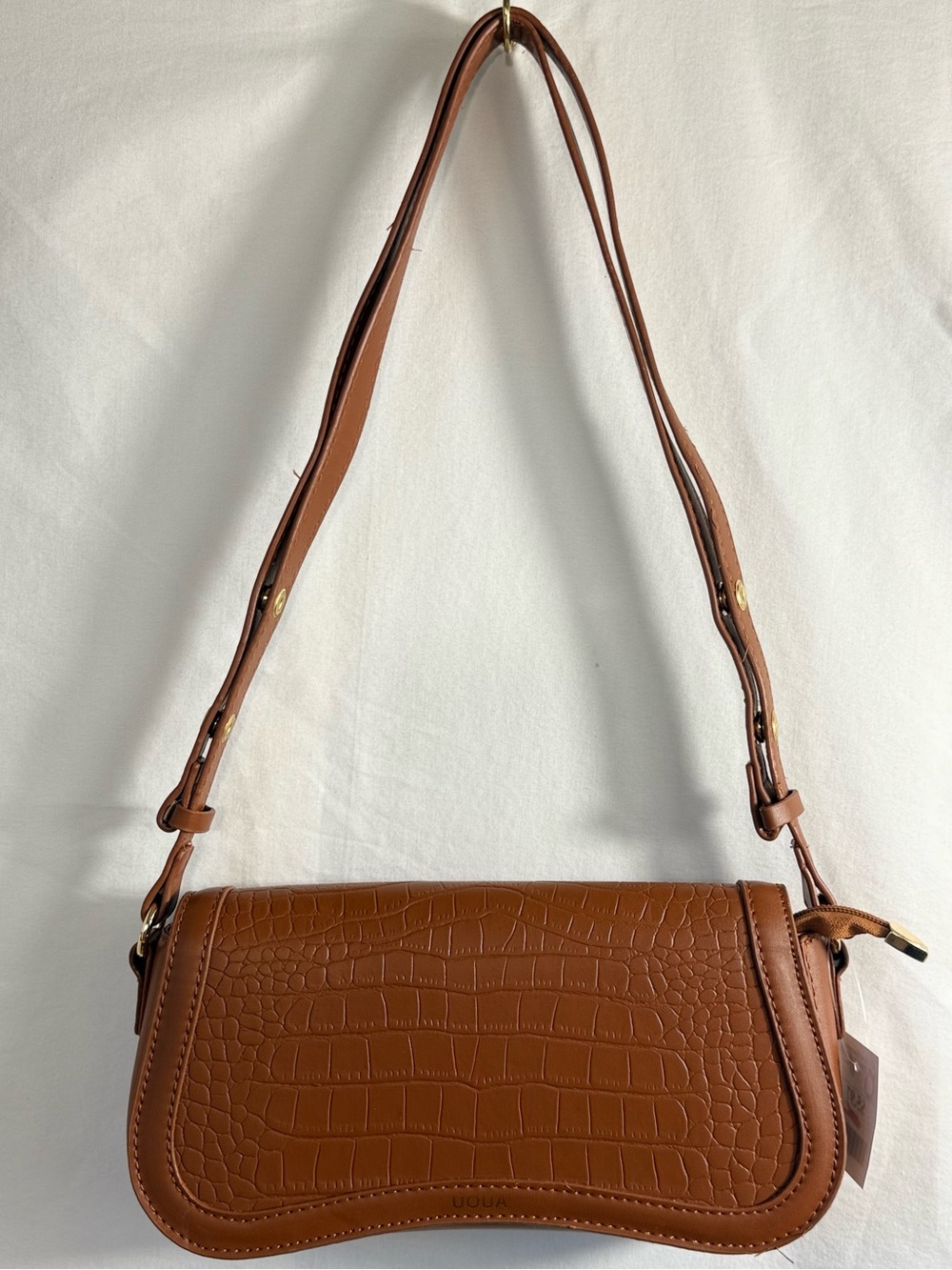 Cognac Croc-Embossed Shoulder Bag with Adjustable Strap
